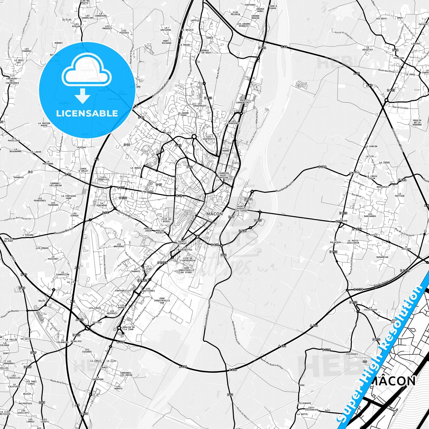 Mâcon, France Light Map with Street Names, City Names, and Districts