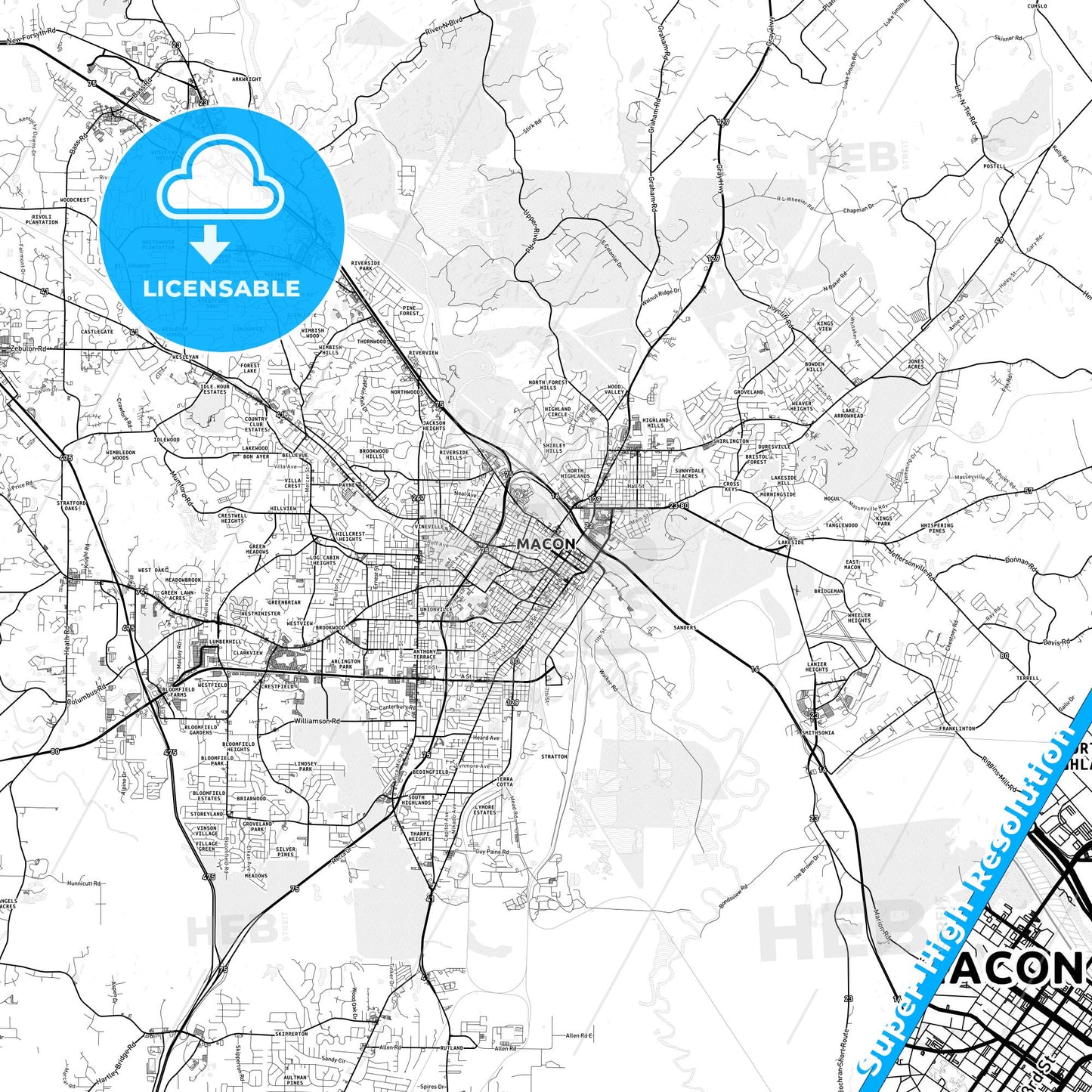 Macon, Georgia light map with streetnames, citynames and districts