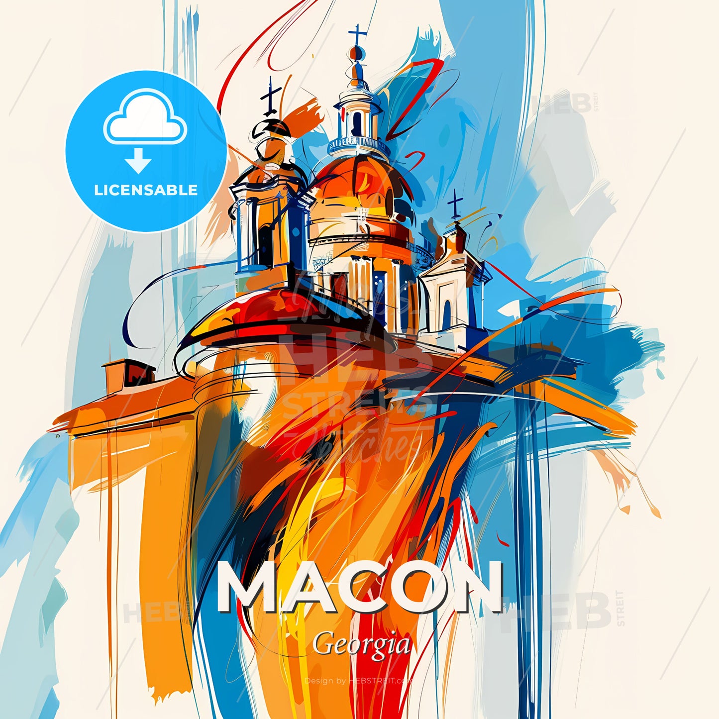 Vibrant Macon, Georgia - A Painting Of A Building With A Dome And Crosses - Square format print template
