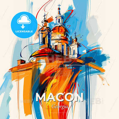 Vibrant Macon, Georgia - A Painting Of A Building With A Dome And Crosses - Square format print template