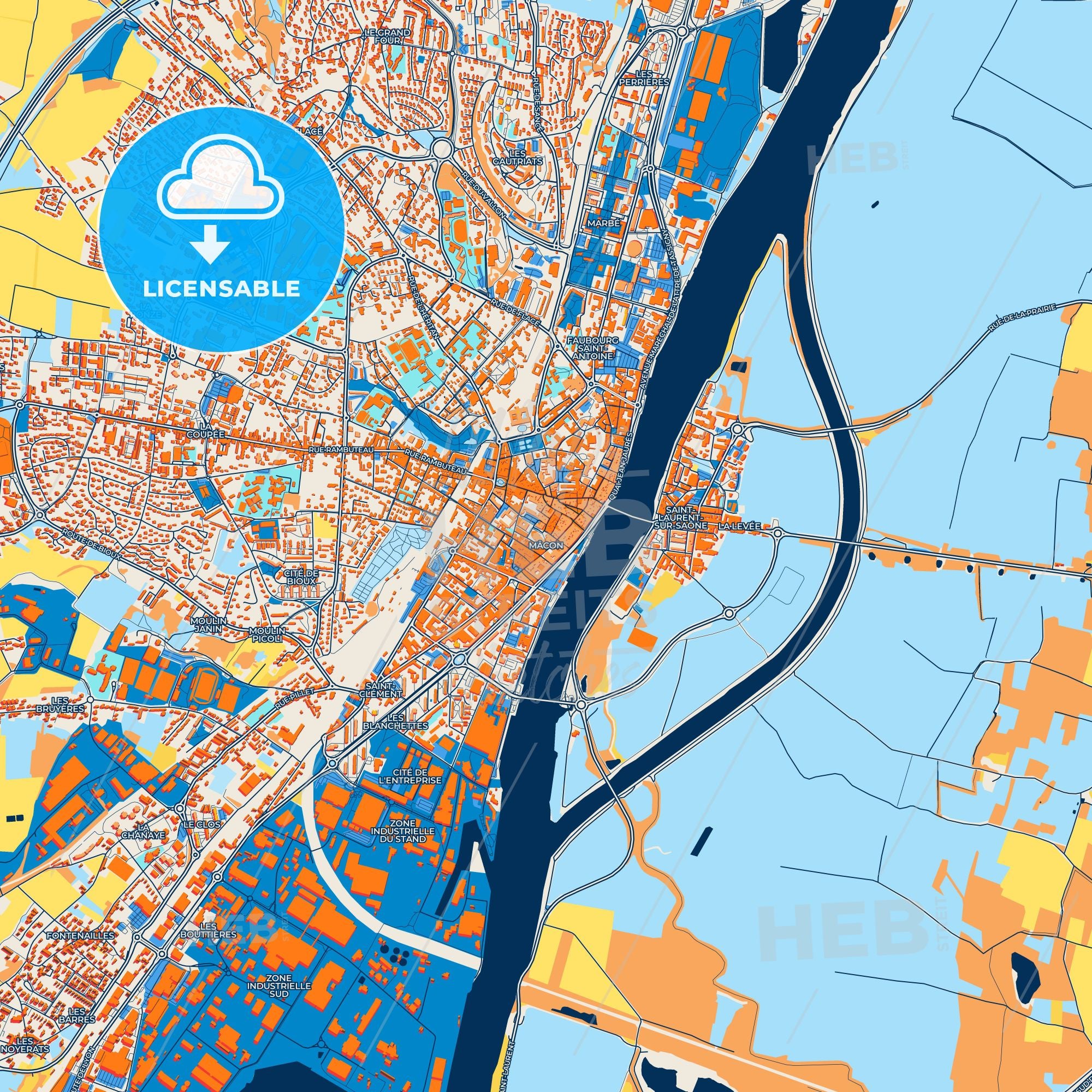 Colorful Mâcon Street Map With Labels And Buildings – HEBSTREITS