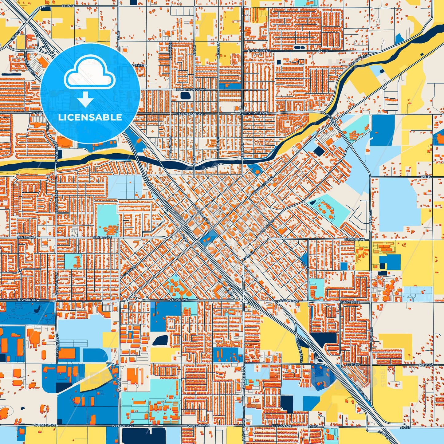 Colorful Madera Street Map with Labels and Buildings