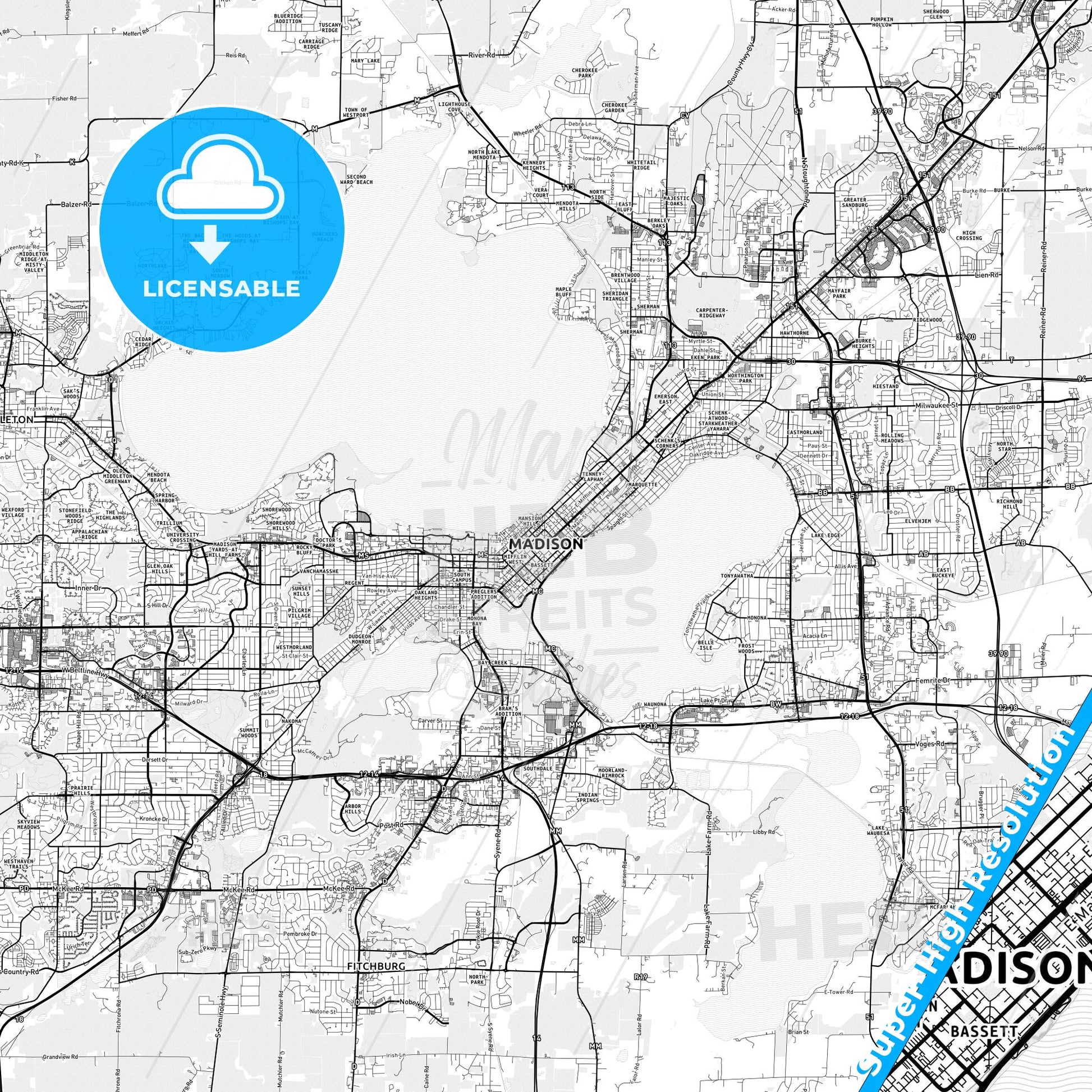 Madison, Wisconsin light map with streetnames, citynames and districts