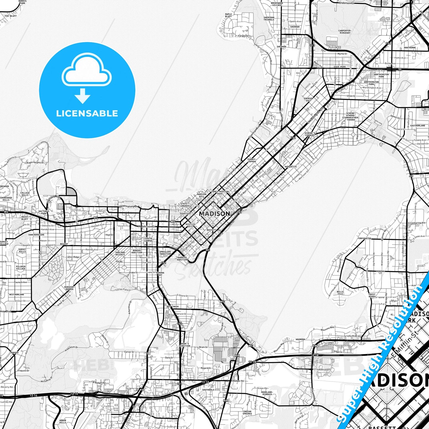 Madison, Wisconsin Light Map with Street Names, City Names, and Districts