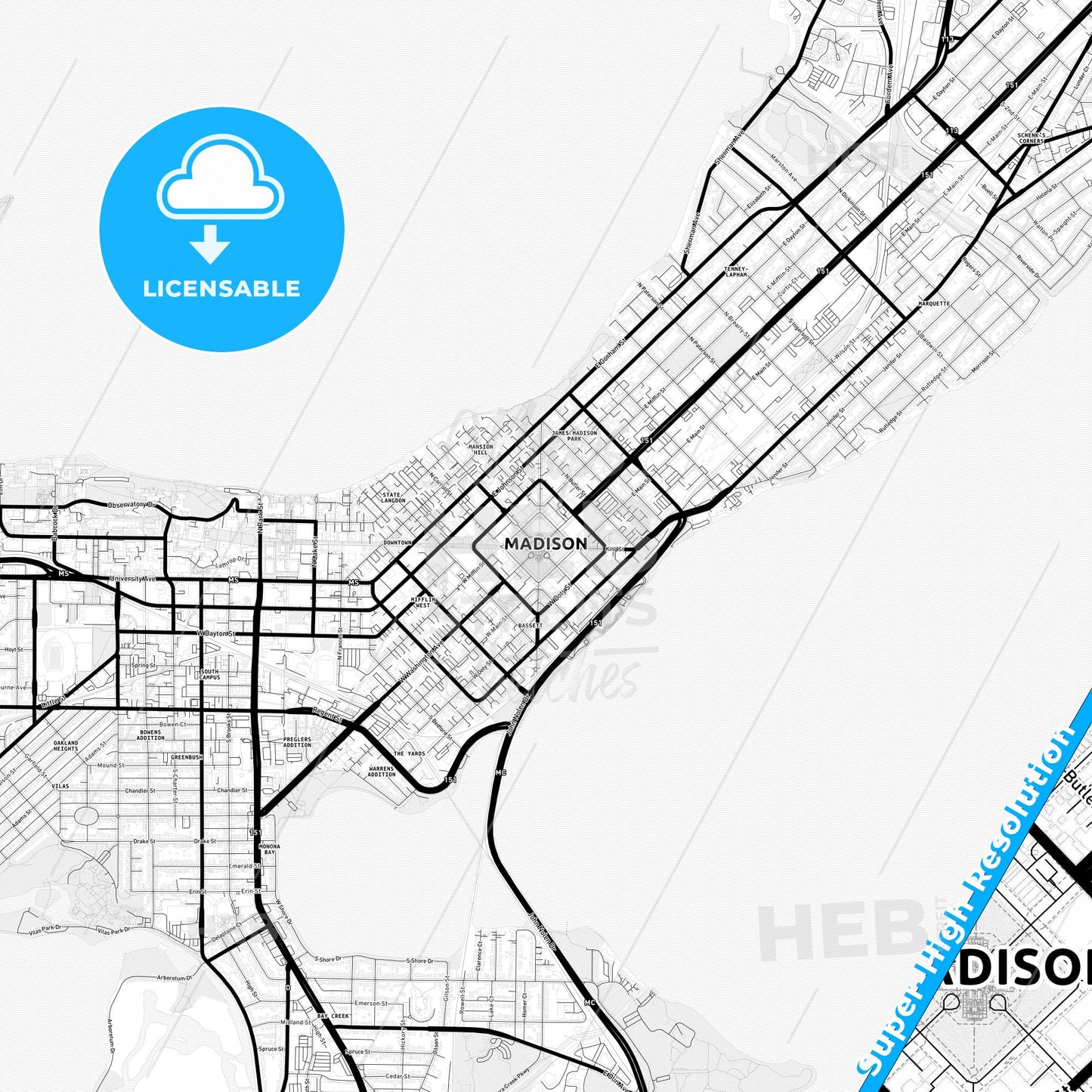 Madison, Wisconsin Light Map with Street Names, City Names, and Districts