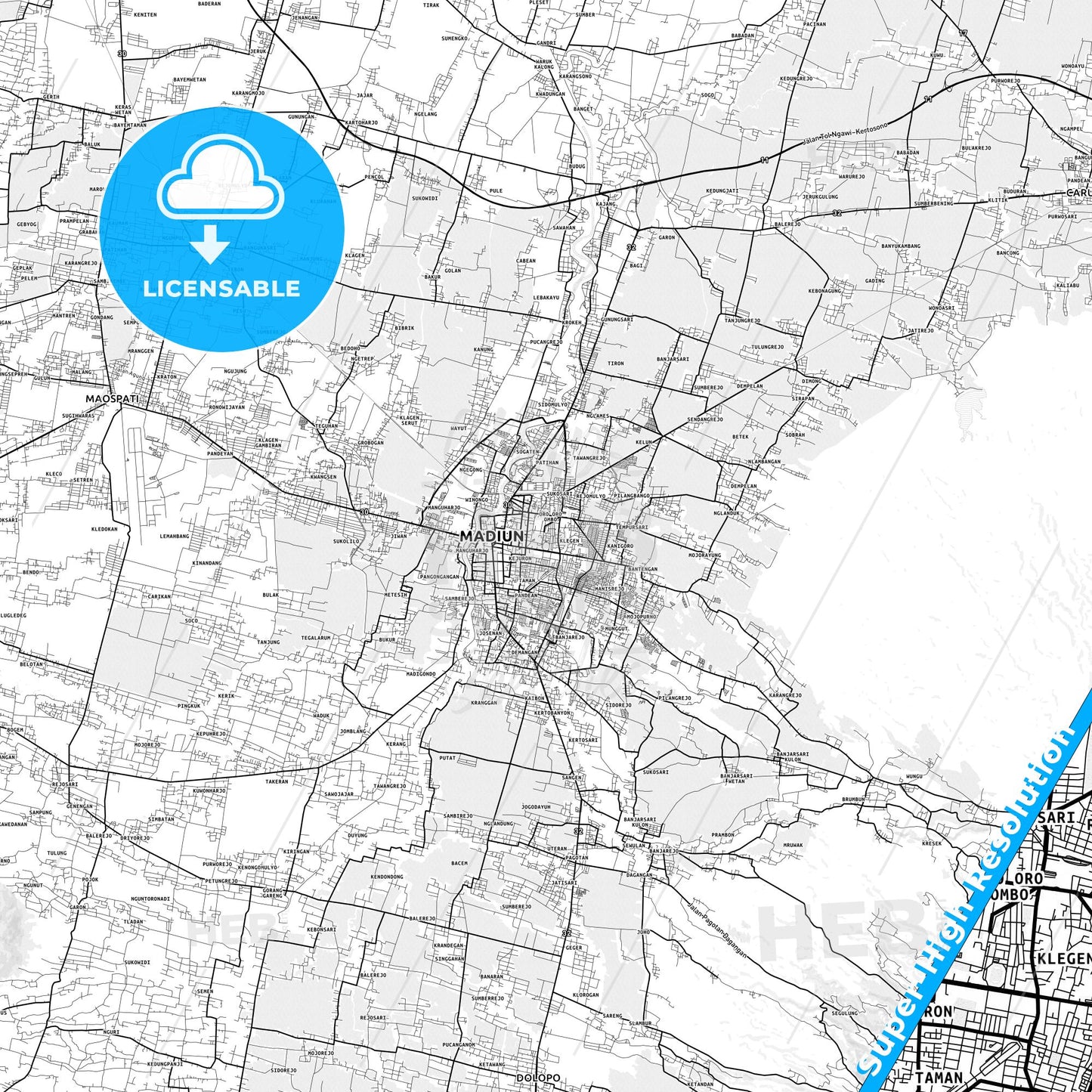 Madiun, Indonesia light map with streetnames, citynames and districts