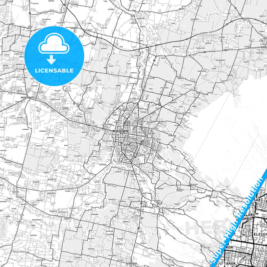 Madiun, Indonesia light map with streetnames, citynames and districts