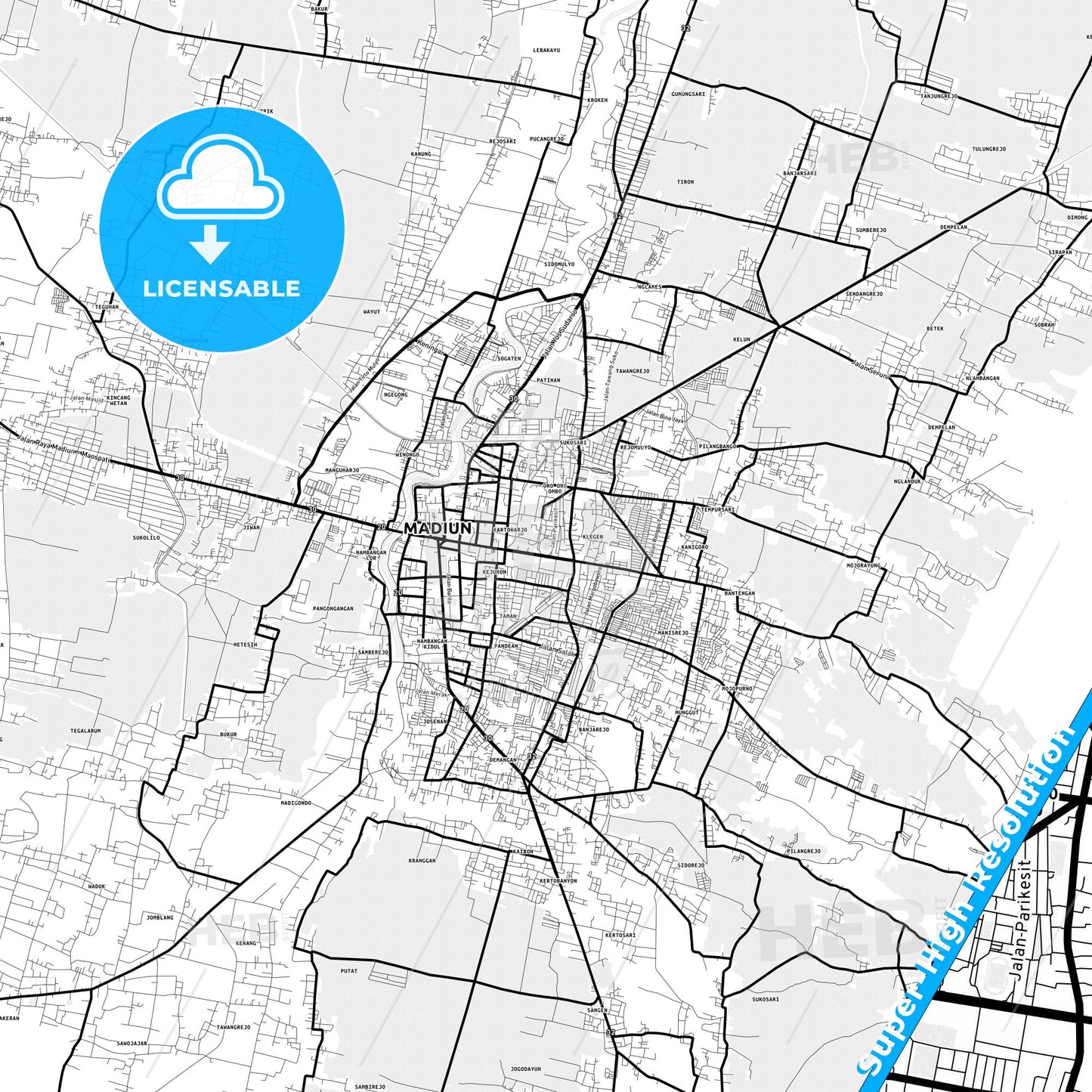 Madiun, Indonesia Light Map with Street Names, City Names, and Districts