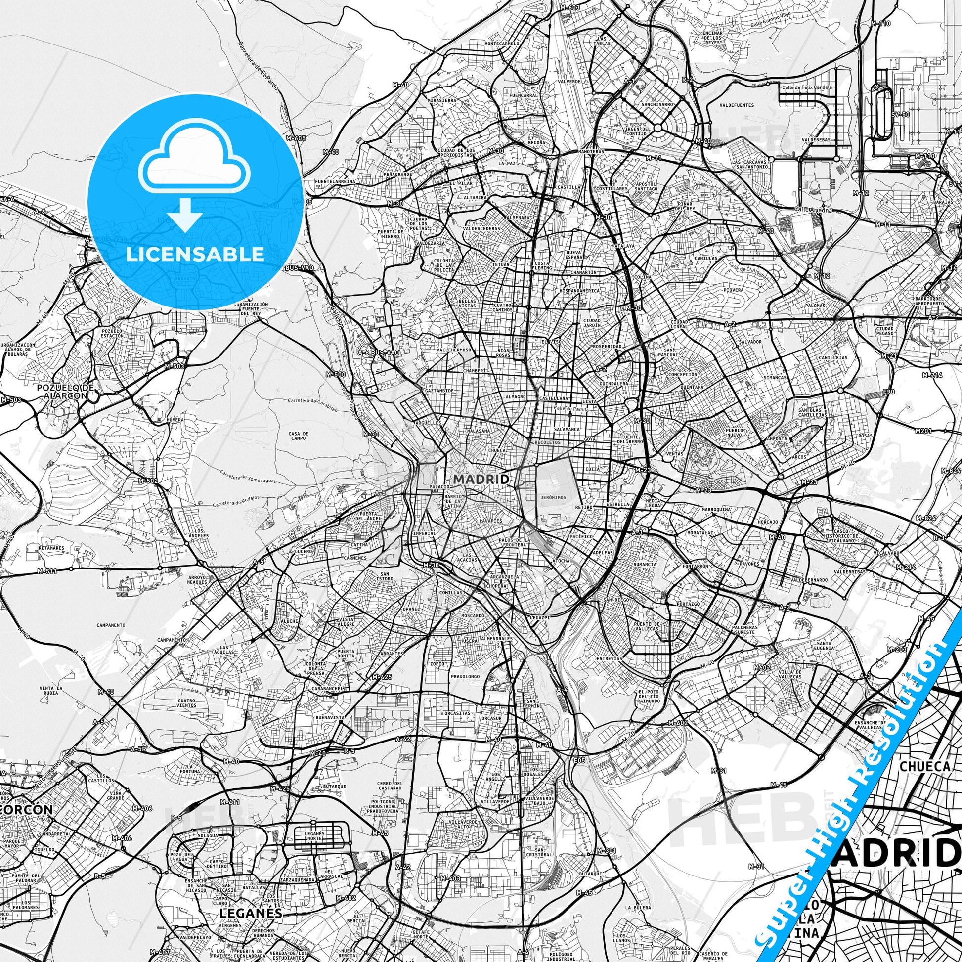 Madrid, Spain light map with streetnames, citynames and districts