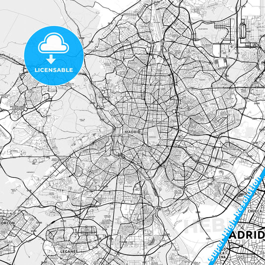 Madrid, Spain light map with streetnames, citynames and districts