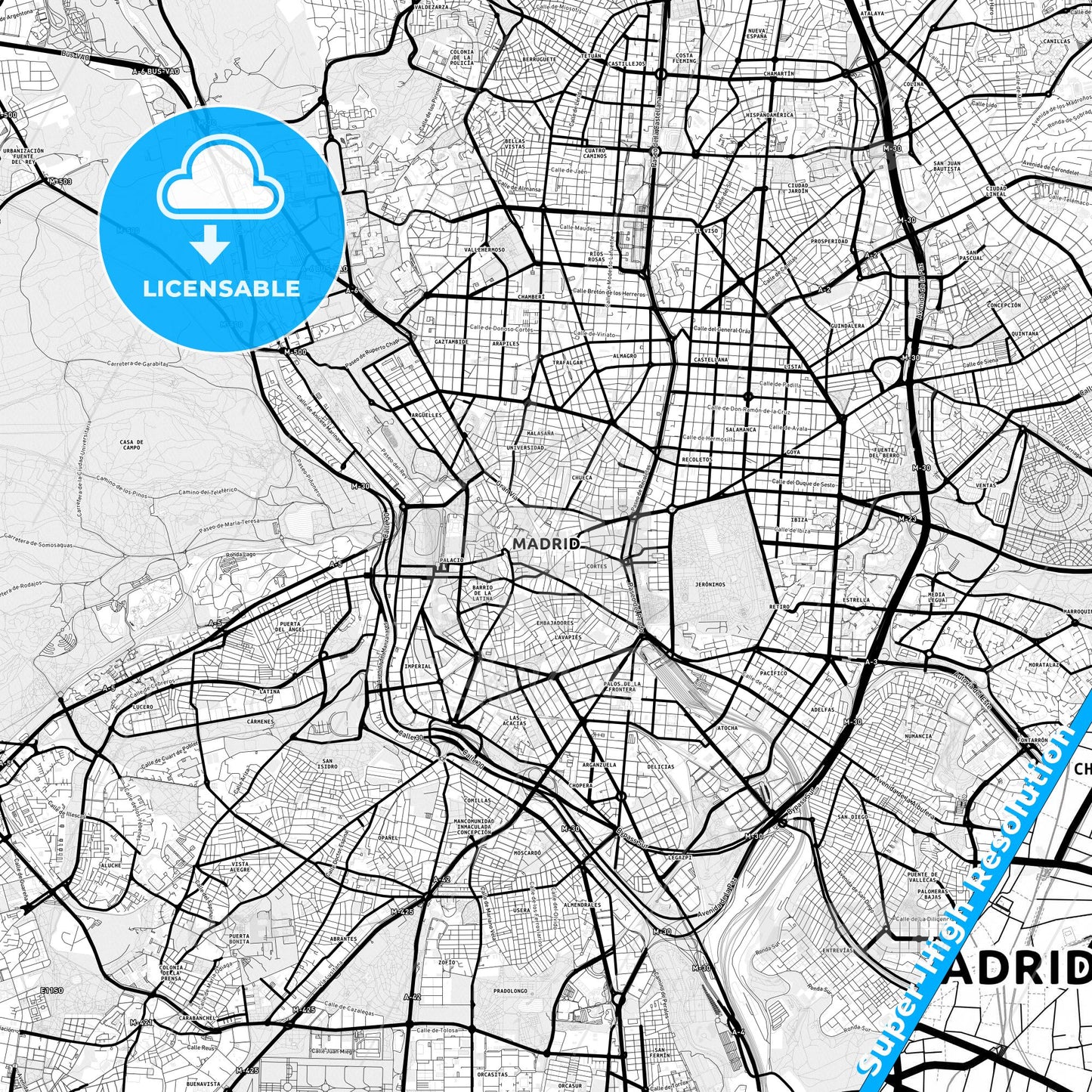 Madrid, Spain Light Map with Street Names, City Names, and Districts