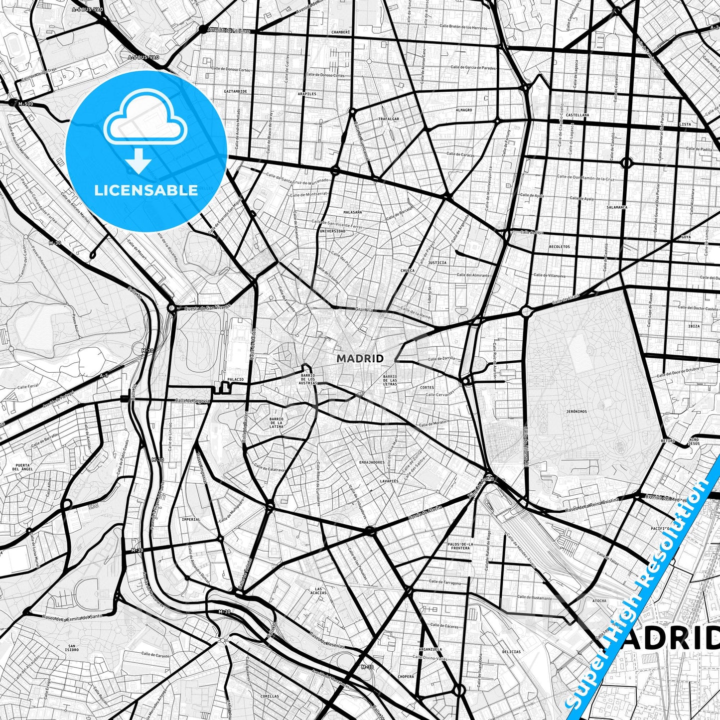 Madrid, Spain Light Map with Street Names, City Names, and Districts