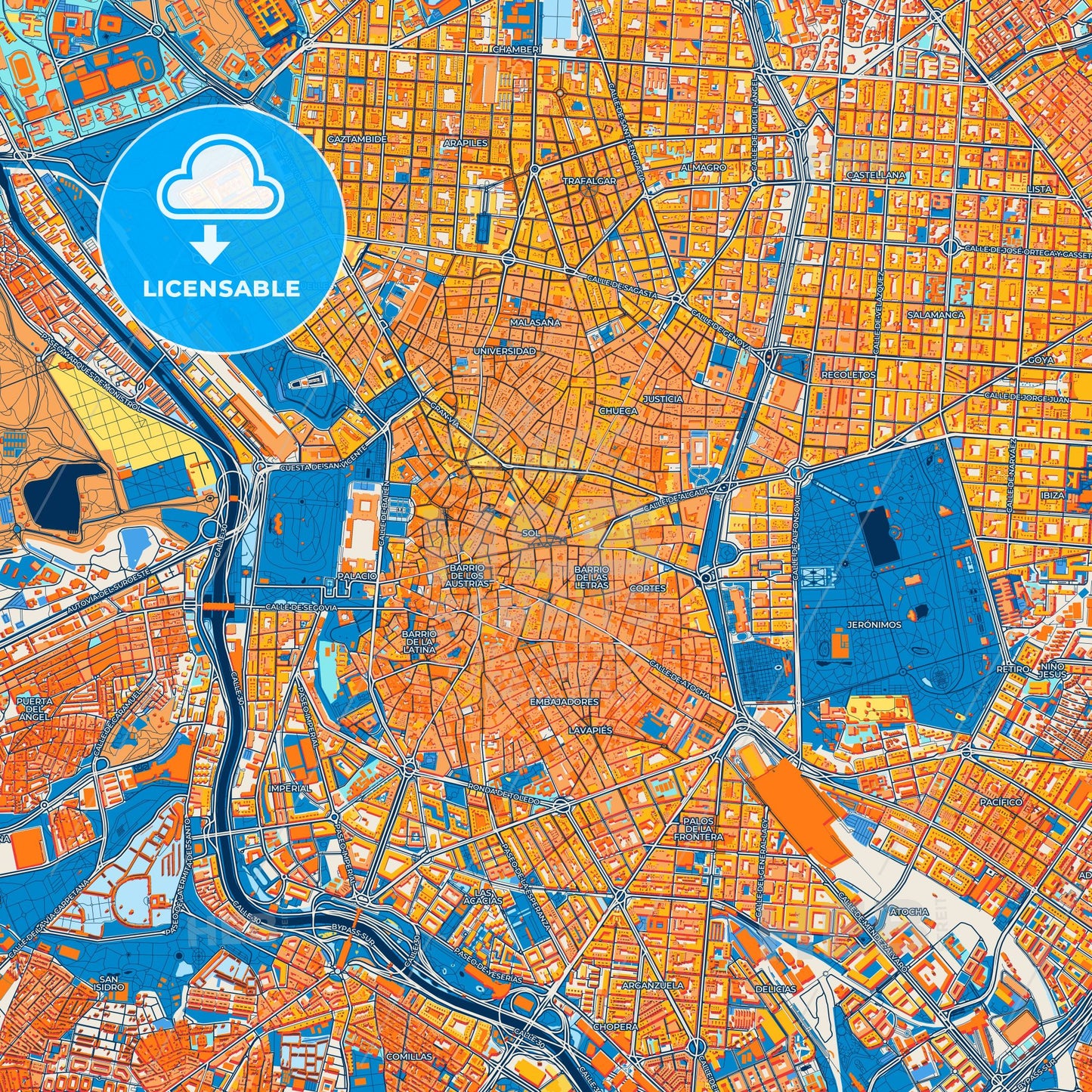 Colorful Madrid Street Map with Labels and Buildings