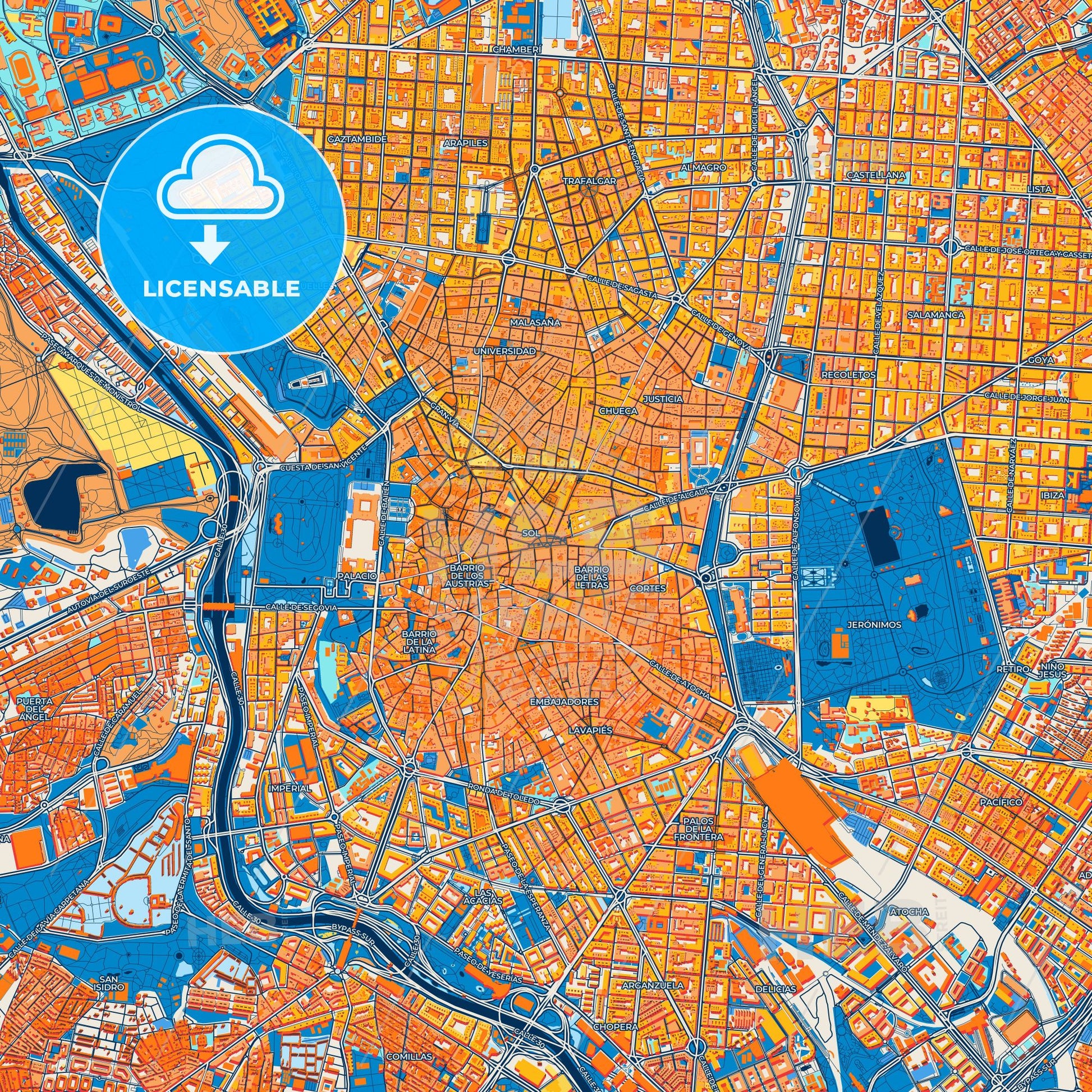 Colorful Madrid Street Map with Labels and Buildings