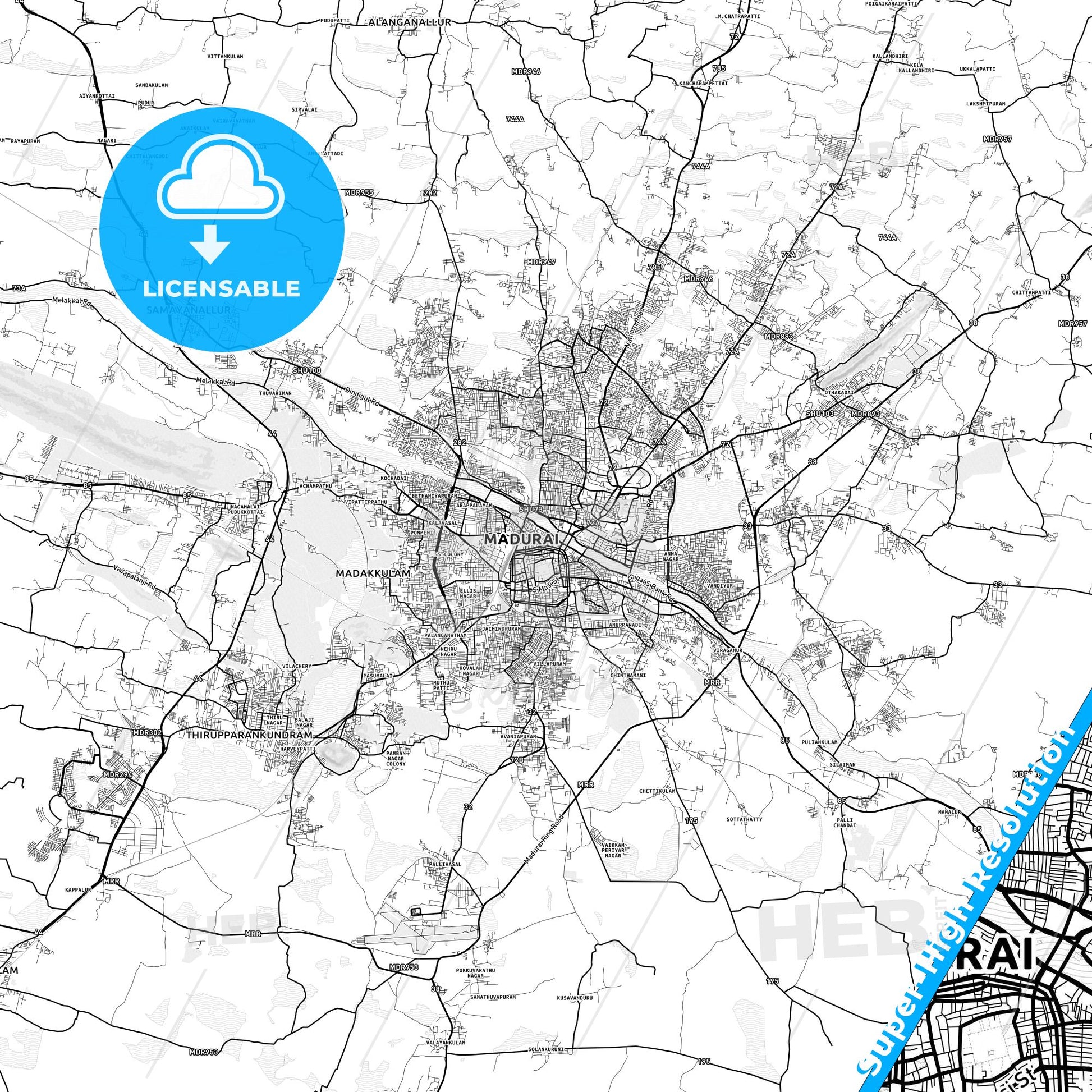 Madurai, India light map with streetnames, citynames and districts