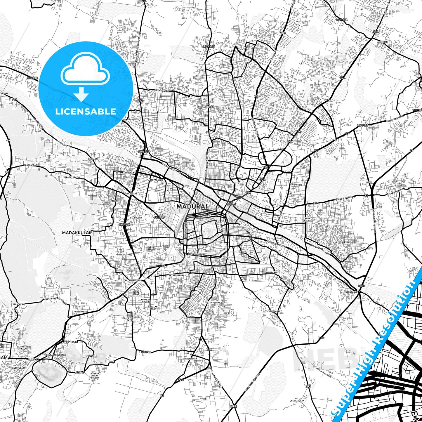Madurai, India Light Map with Street Names, City Names, and Districts