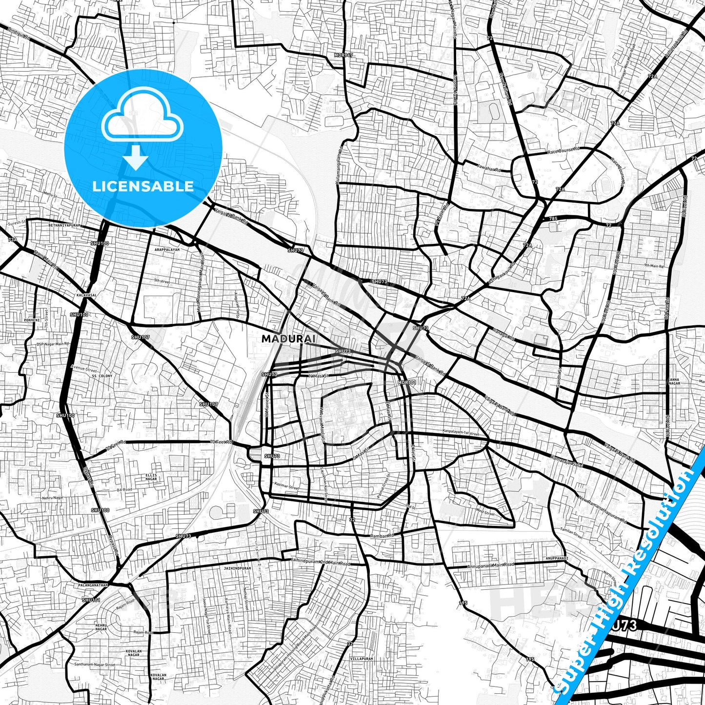 Madurai, India Light Map with Street Names, City Names, and Districts