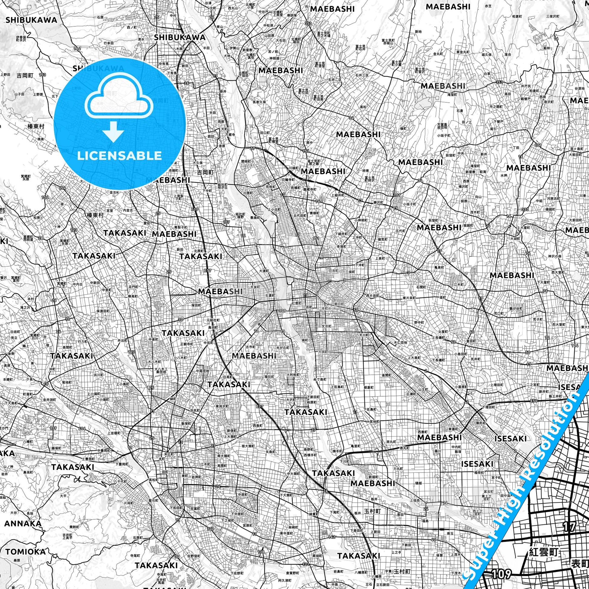 Maebashi, Japan light map with streetnames, citynames and districts