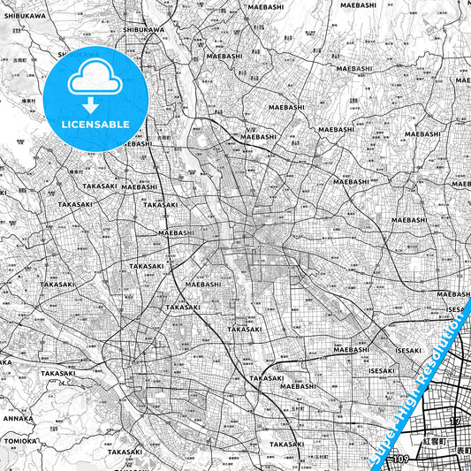 Maebashi, Japan light map with streetnames, citynames and districts