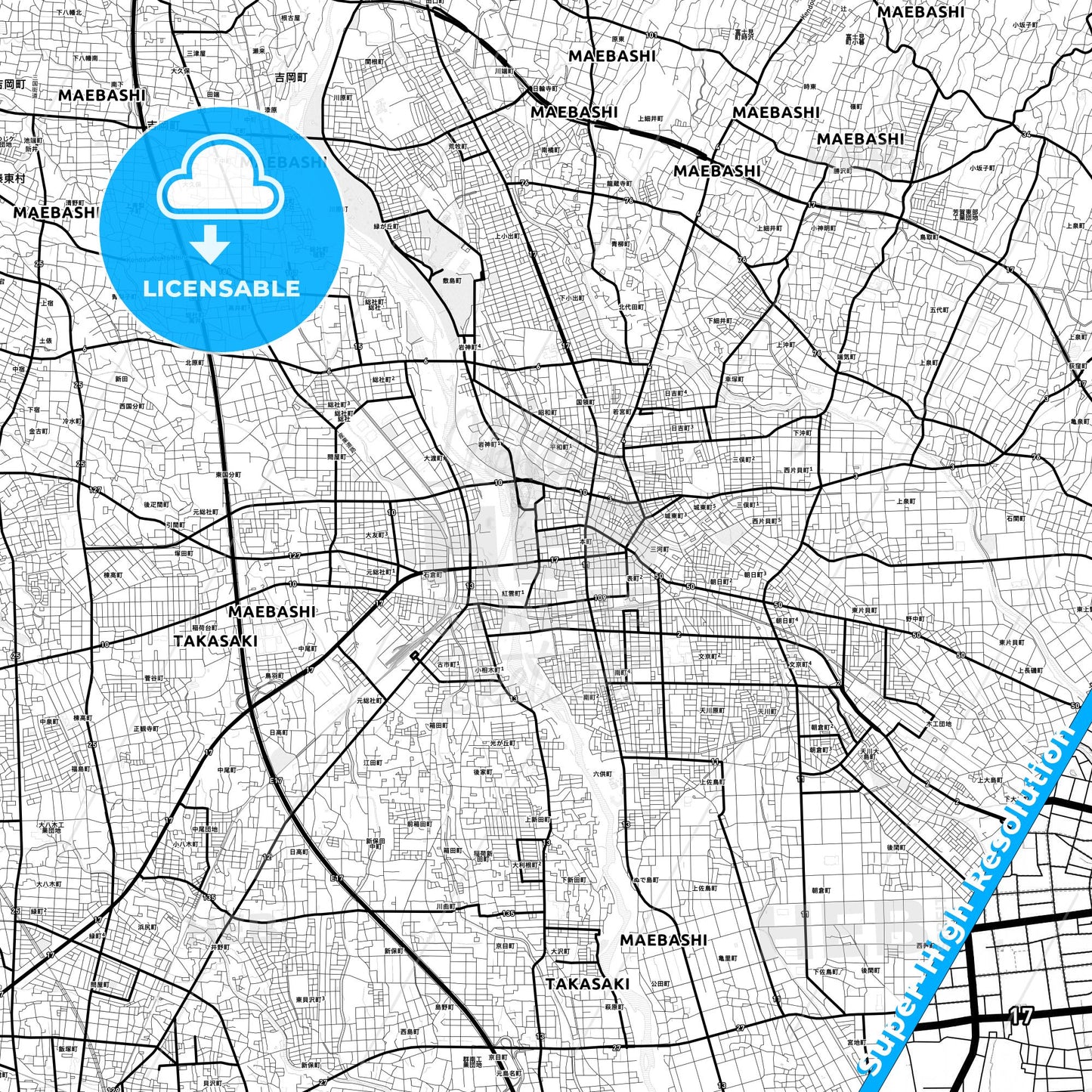 Maebashi, Japan Light Map with Street Names, City Names, and Districts
