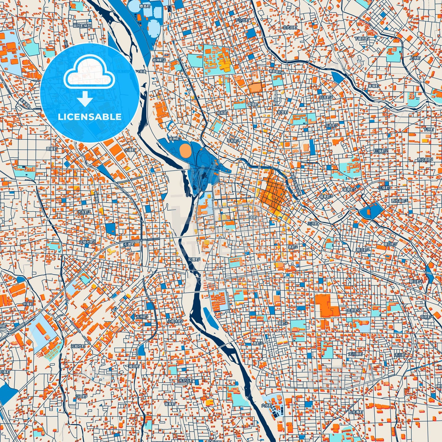 Colorful Maebashi Street Map with Labels and Buildings