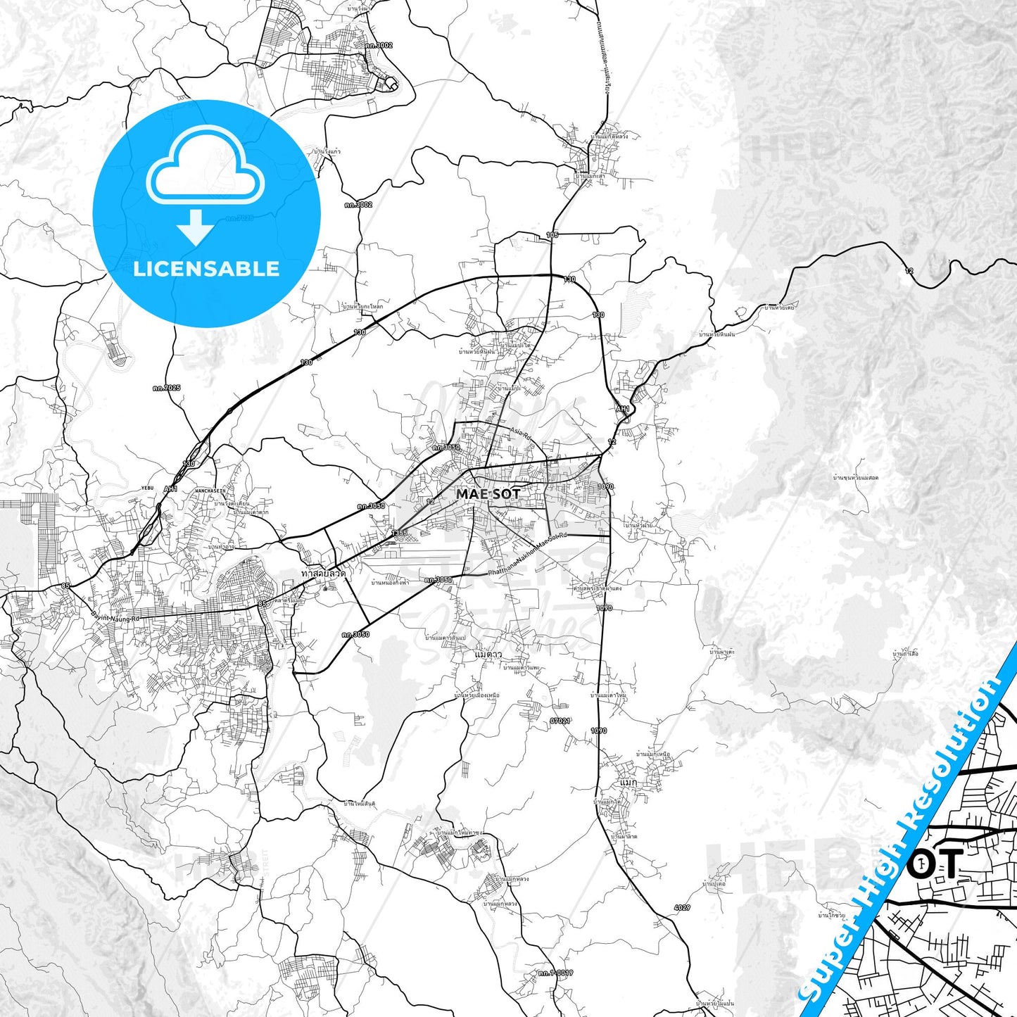 Mae Sot, Thailand light map with streetnames, citynames and districts