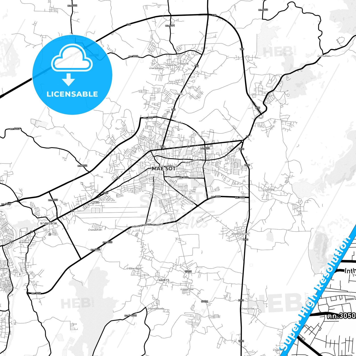 Mae Sot, Thailand Light Map with Street Names, City Names, and Districts