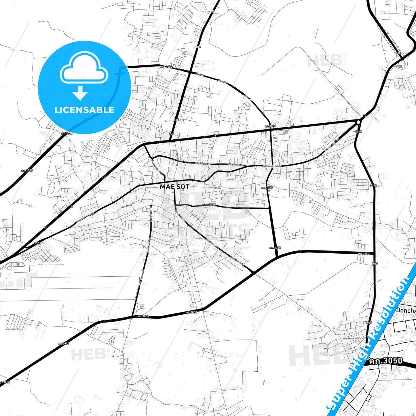 Mae Sot, Thailand Light Map with Street Names, City Names, and Districts