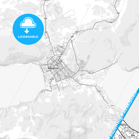 Magadan, Russia light map with streetnames, citynames and districts