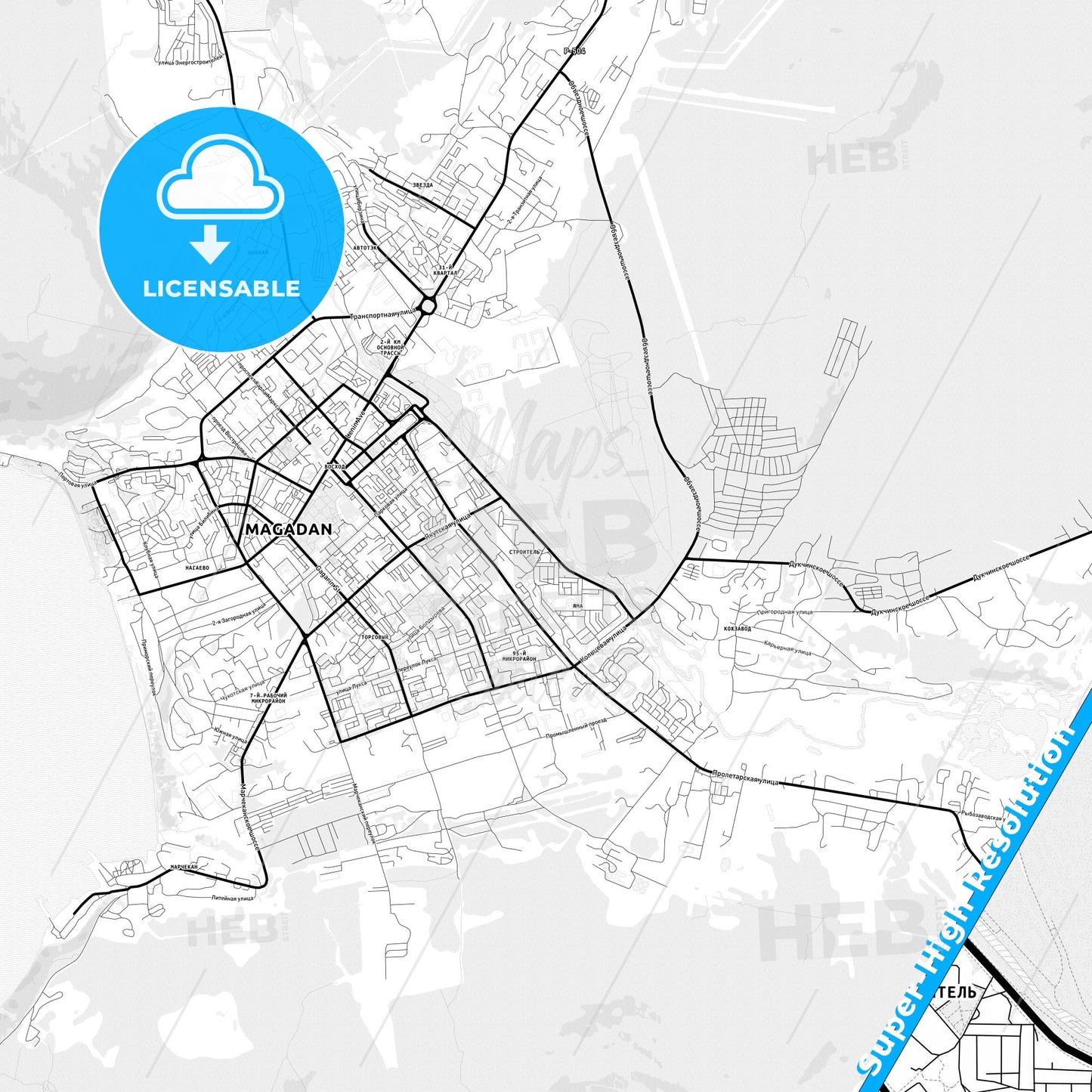 Magadan, Russia Light Map with Street Names, City Names, and Districts