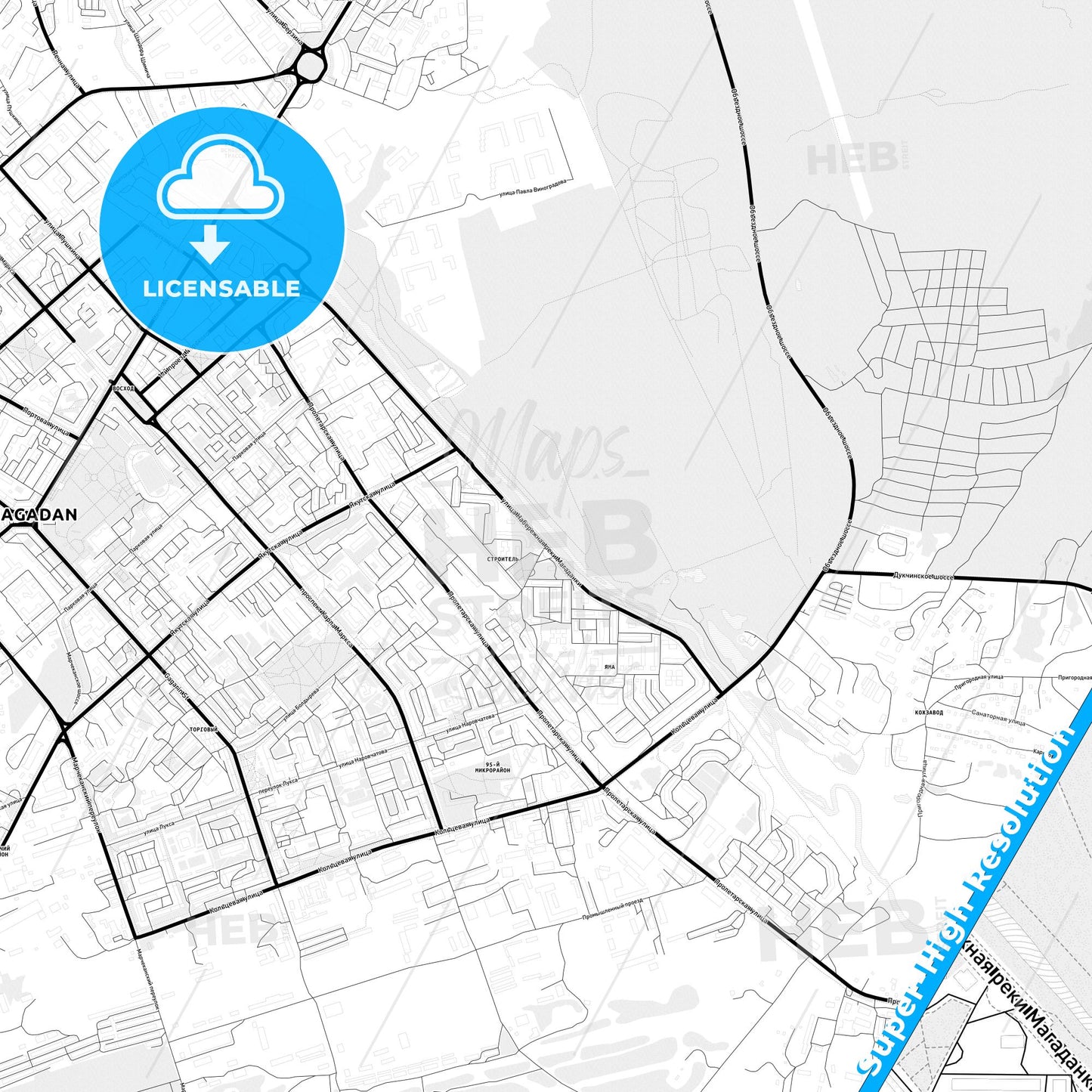 Magadan, Russia Light Map with Street Names, City Names, and Districts