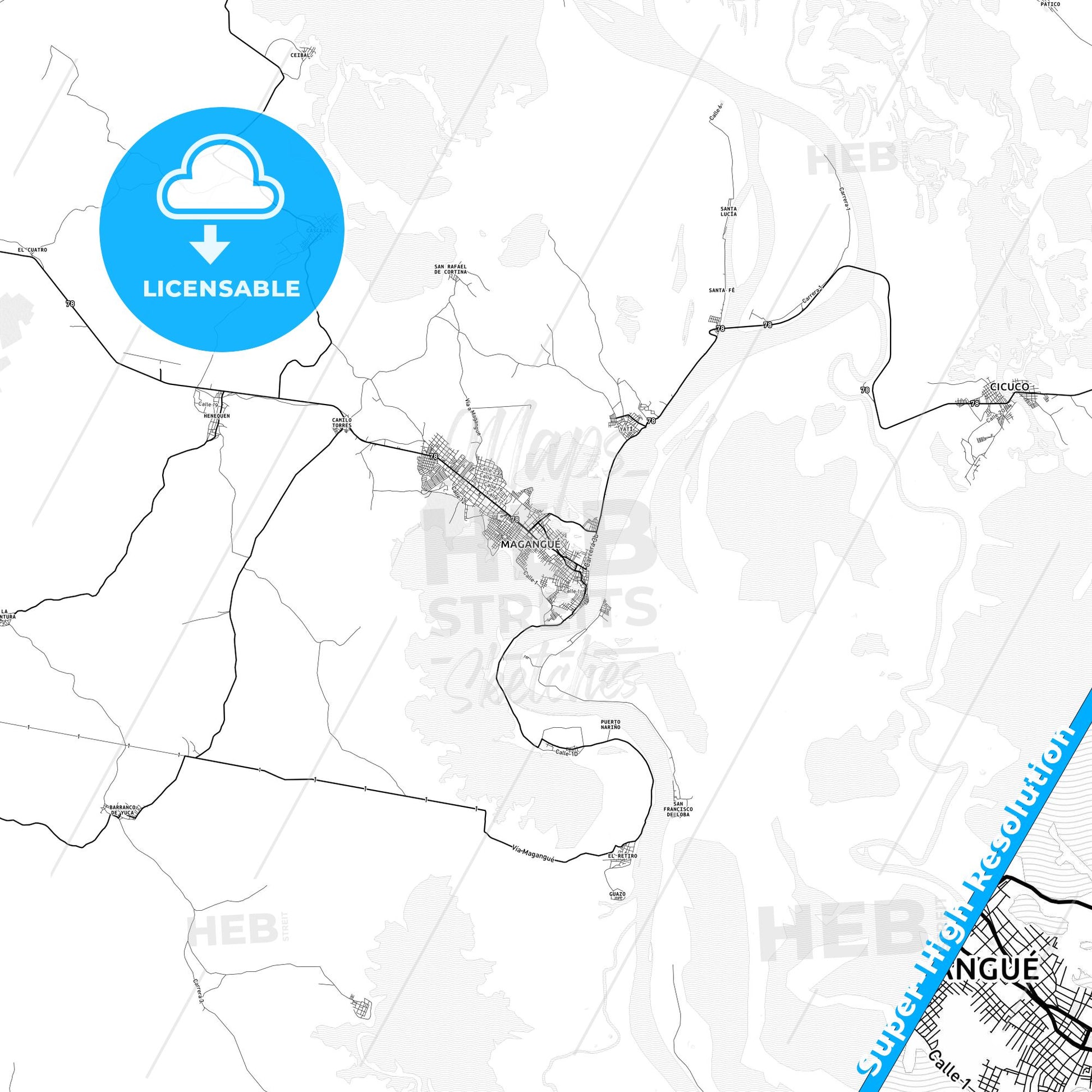 Magangue, Colombia light map with streetnames, citynames and districts