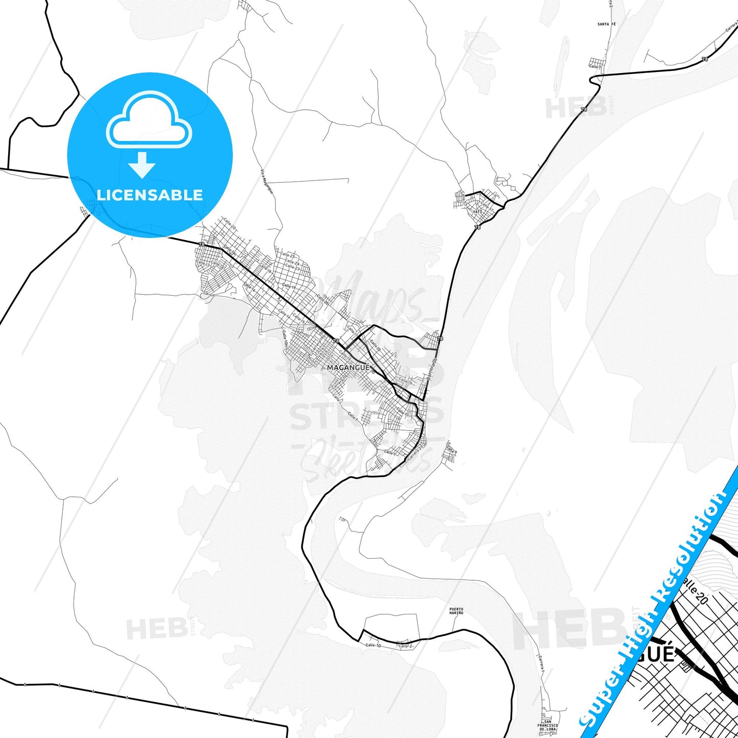 Magangue, Colombia Light Map with Street Names, City Names, and Districts