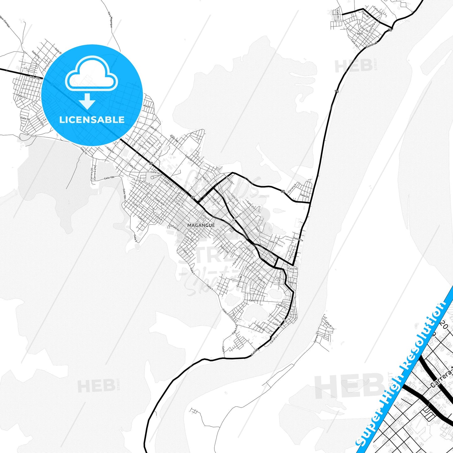 Magangue, Colombia Light Map with Street Names, City Names, and Districts