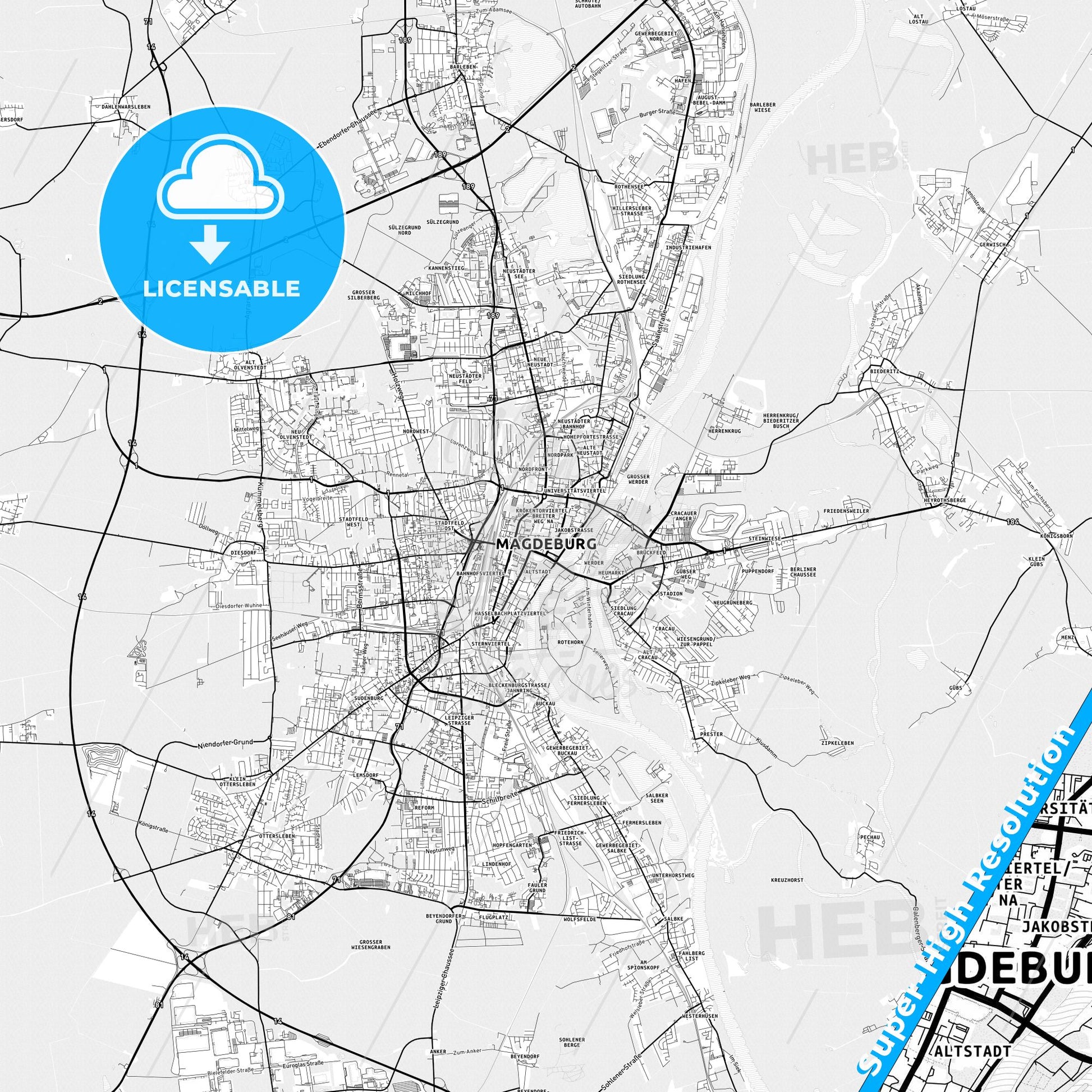 Magdeburg, Germany light map with streetnames, citynames and districts
