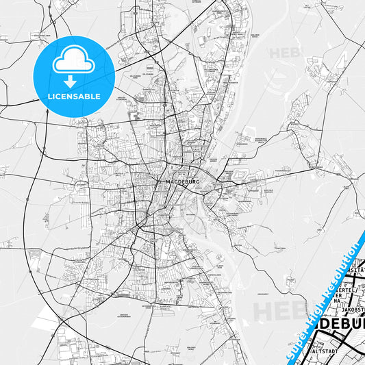 Magdeburg, Germany light map with streetnames, citynames and districts