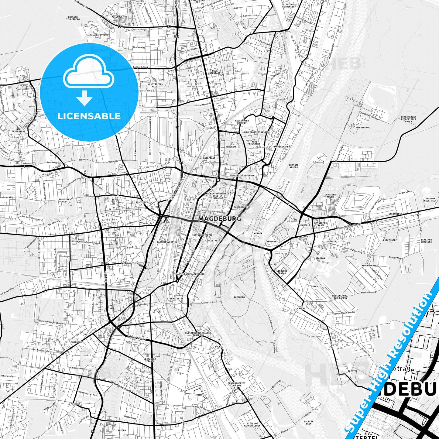 Magdeburg, Germany Light Map with Street Names, City Names, and Districts