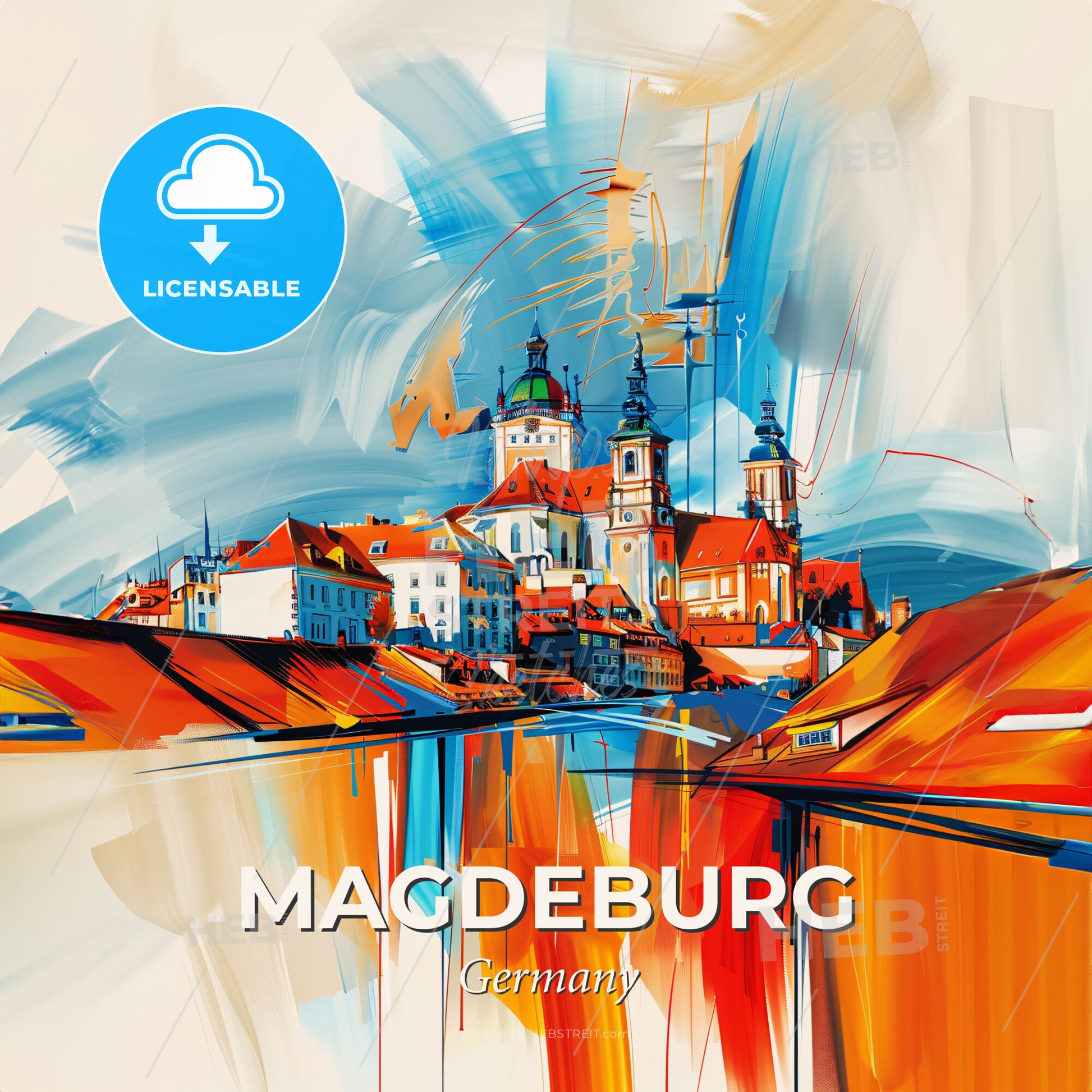 Vibrant Magdeburg, Germany - A Painting Of A City With Buildings And A River - Square format print template
