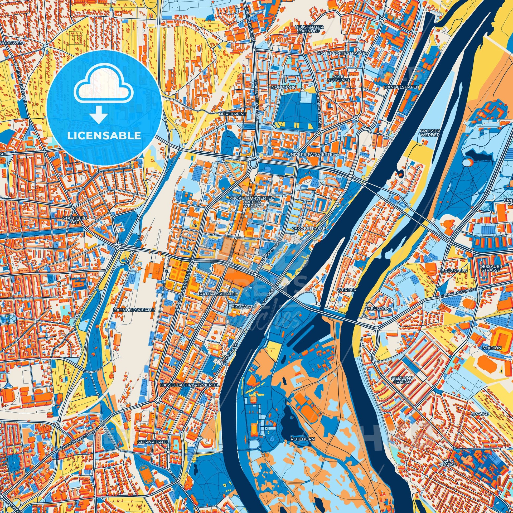 Colorful Magdeburg Street Map with Labels and Buildings