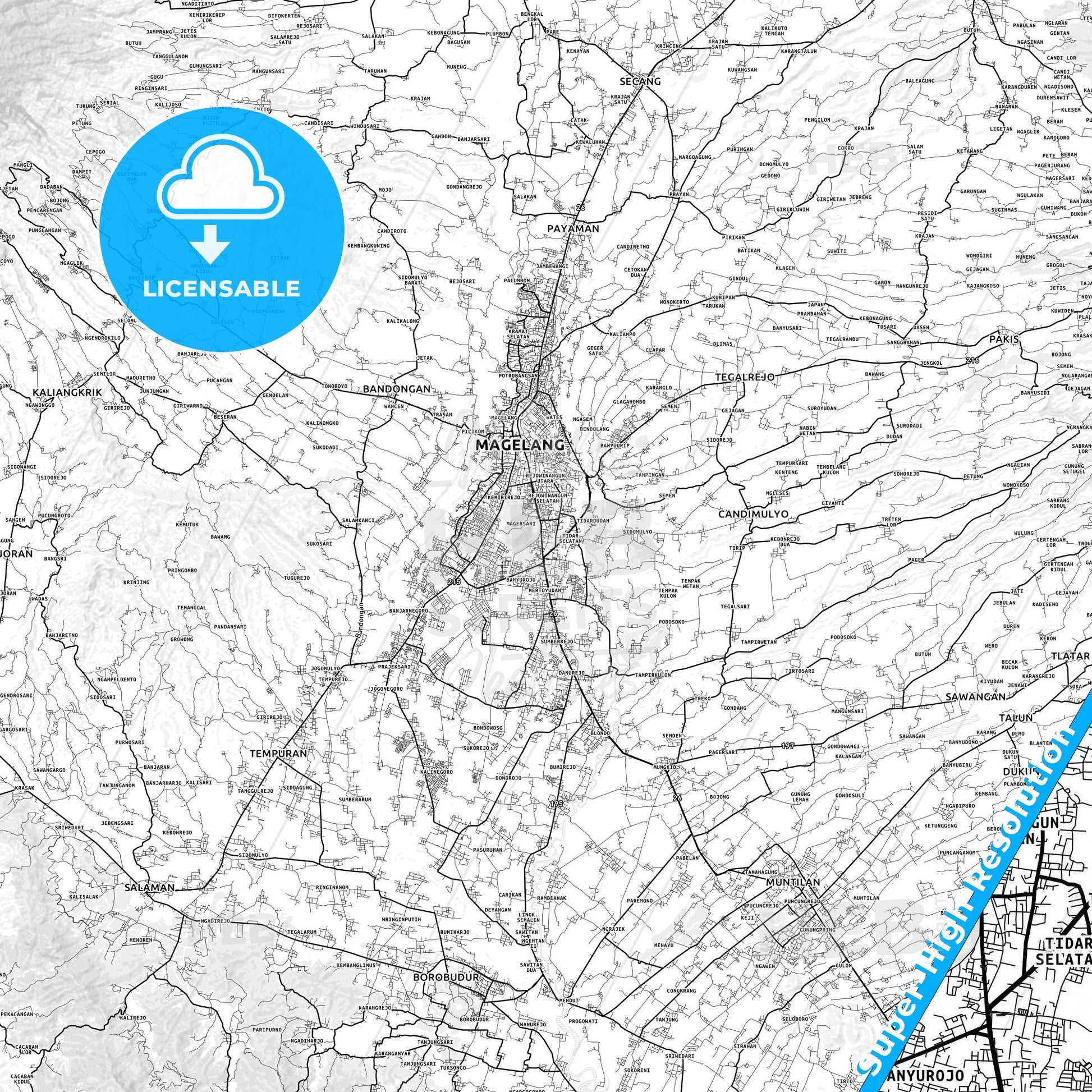 Magelang, Indonesia light map with streetnames, citynames and districts