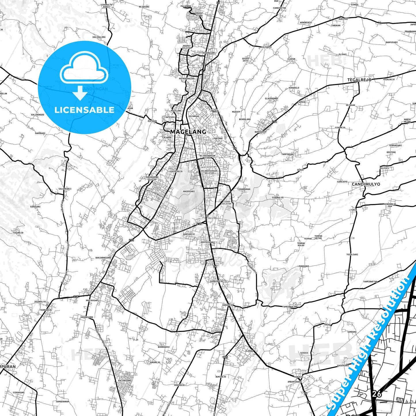 Magelang, Indonesia Light Map with Street Names, City Names, and Districts