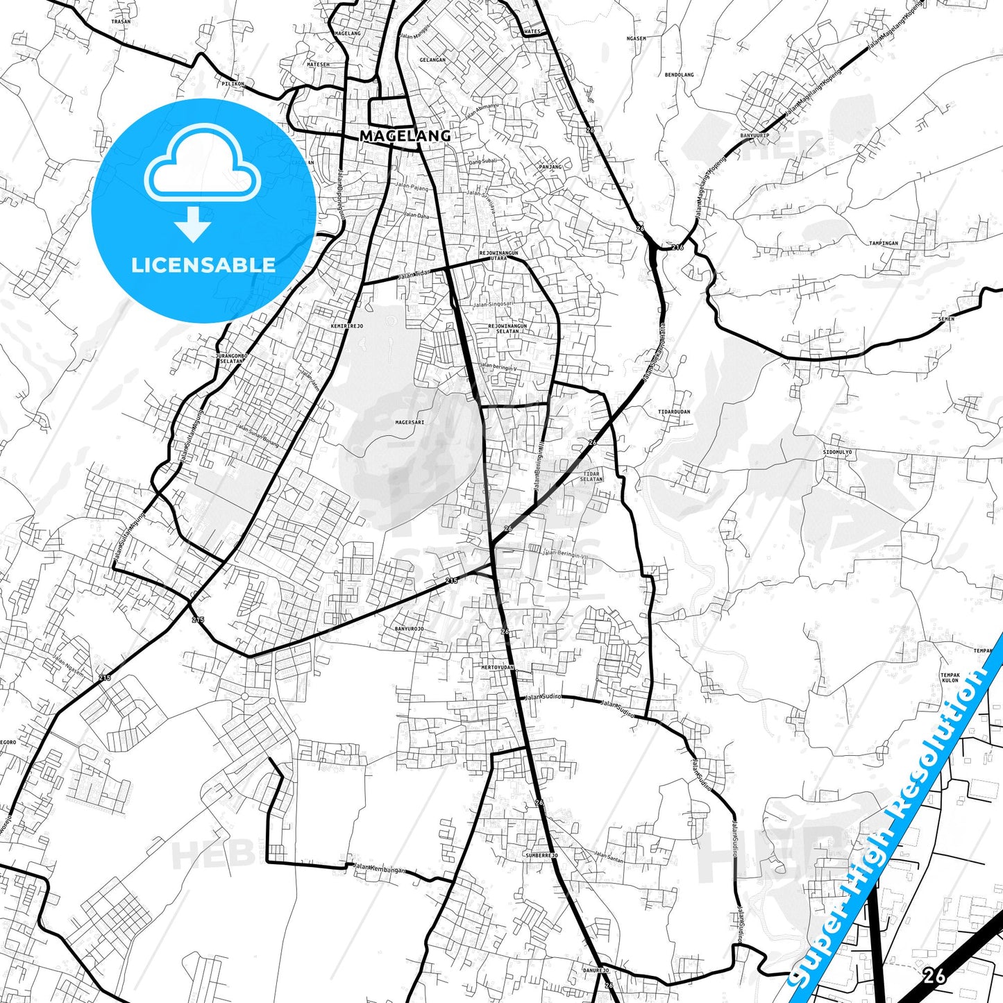 Magelang, Indonesia Light Map with Street Names, City Names, and Districts