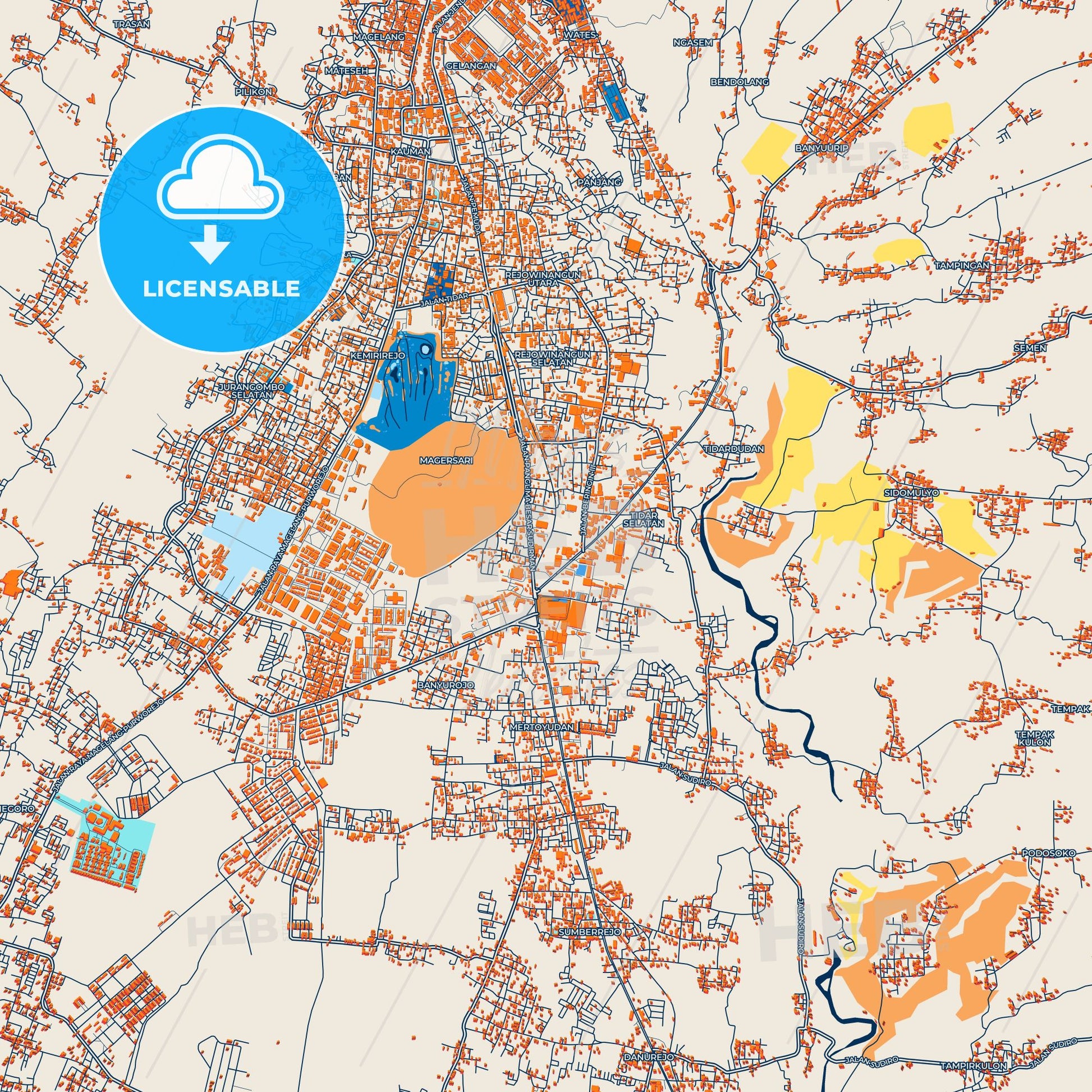 Colorful Magelang Street Map with Labels and Buildings