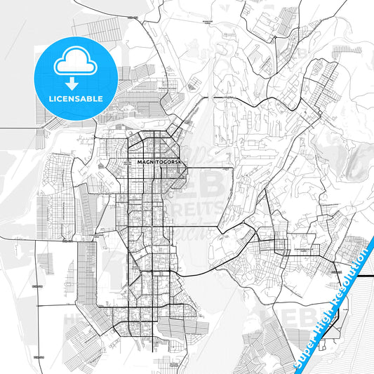 Magnitogorsk, Russia light map with streetnames, citynames and districts