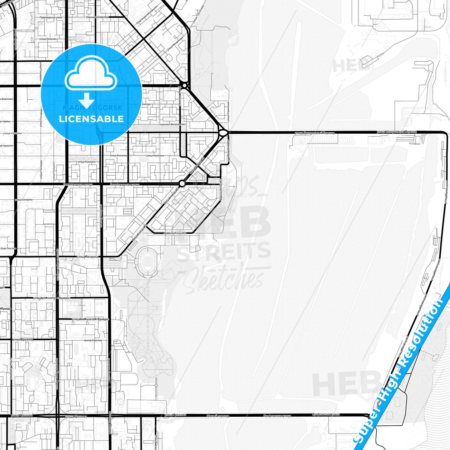 Magnitogorsk, Russia Light Map with Street Names, City Names, and Districts