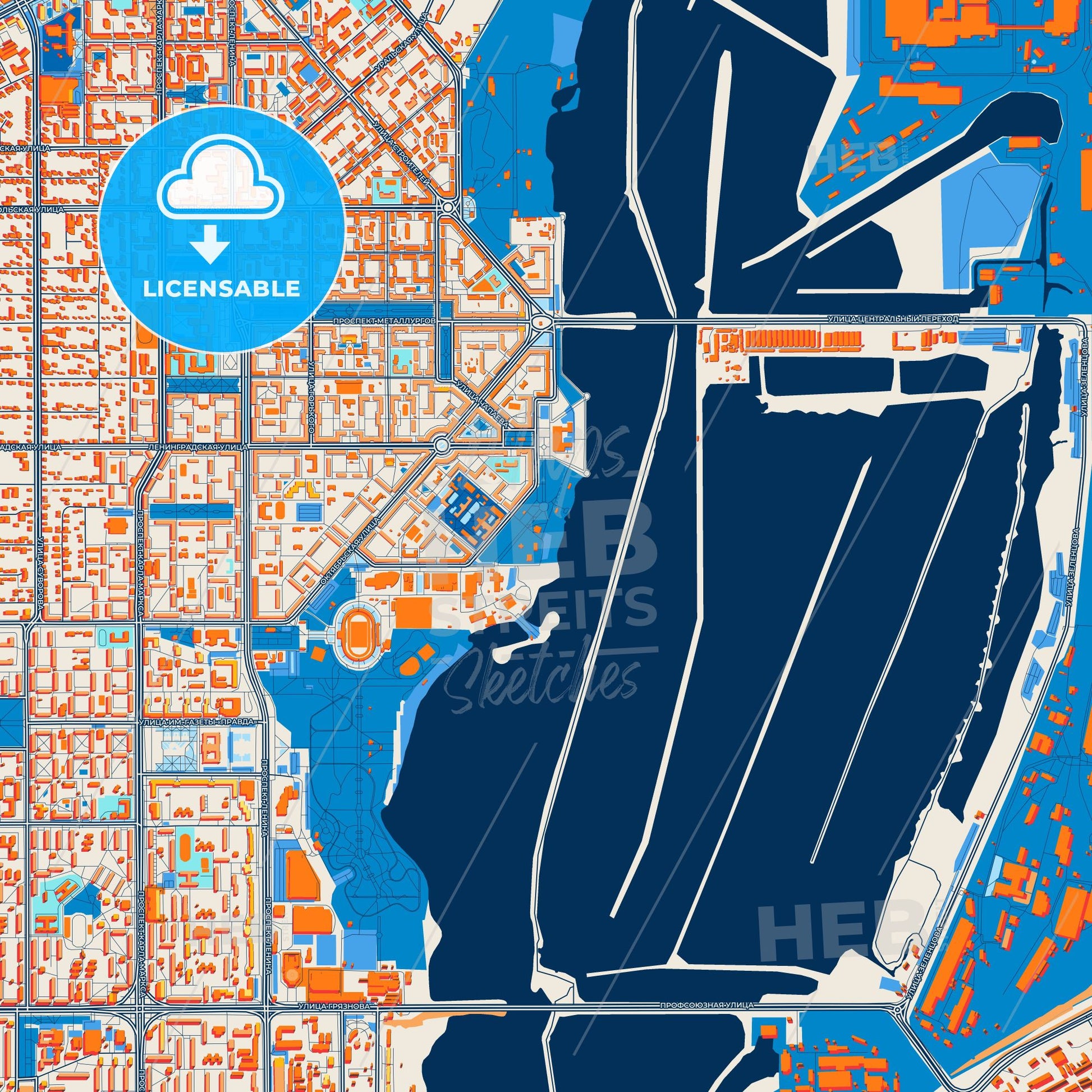 Colorful Magnitogorsk Street Map with Labels and Buildings