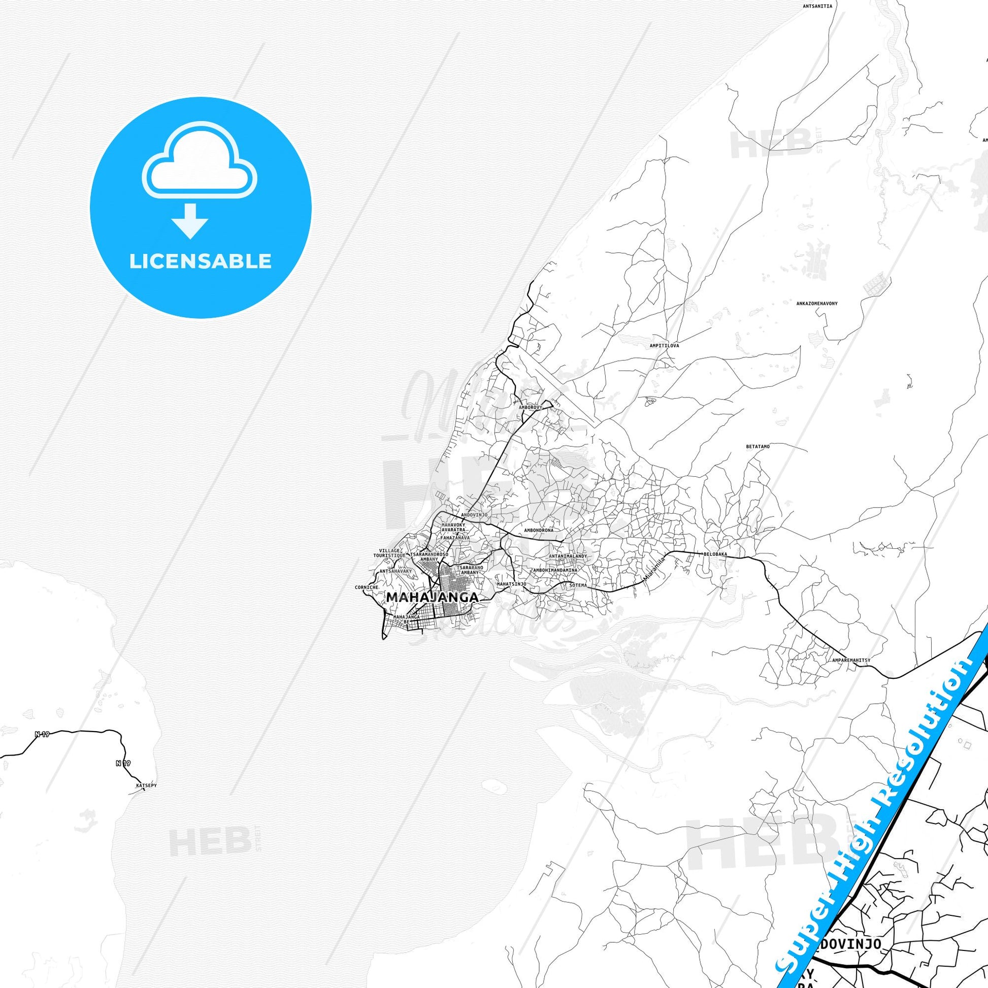 Mahajanga, Madagascar light map with streetnames, citynames and districts