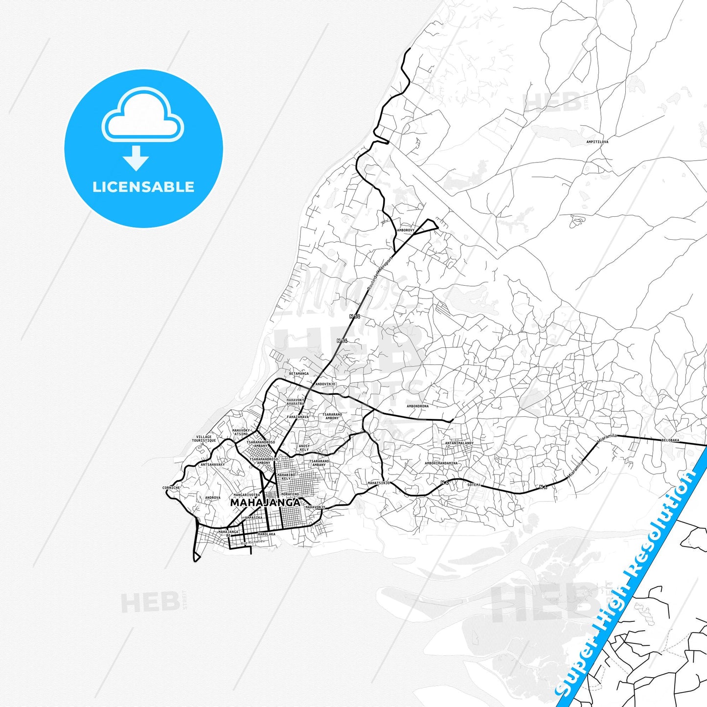 Mahajanga, Madagascar Light Map with Street Names, City Names, and Districts