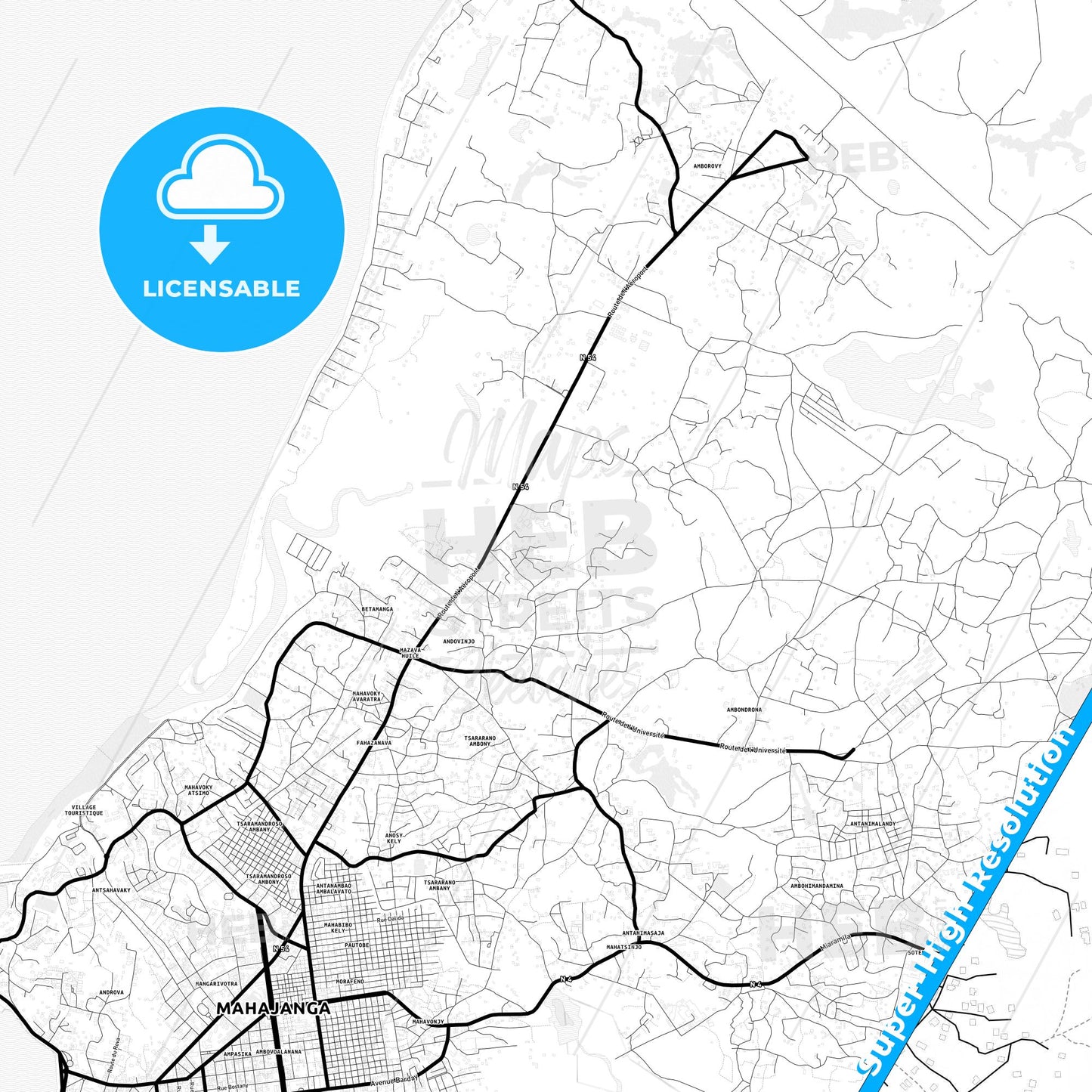 Mahajanga, Madagascar Light Map with Street Names, City Names, and Districts