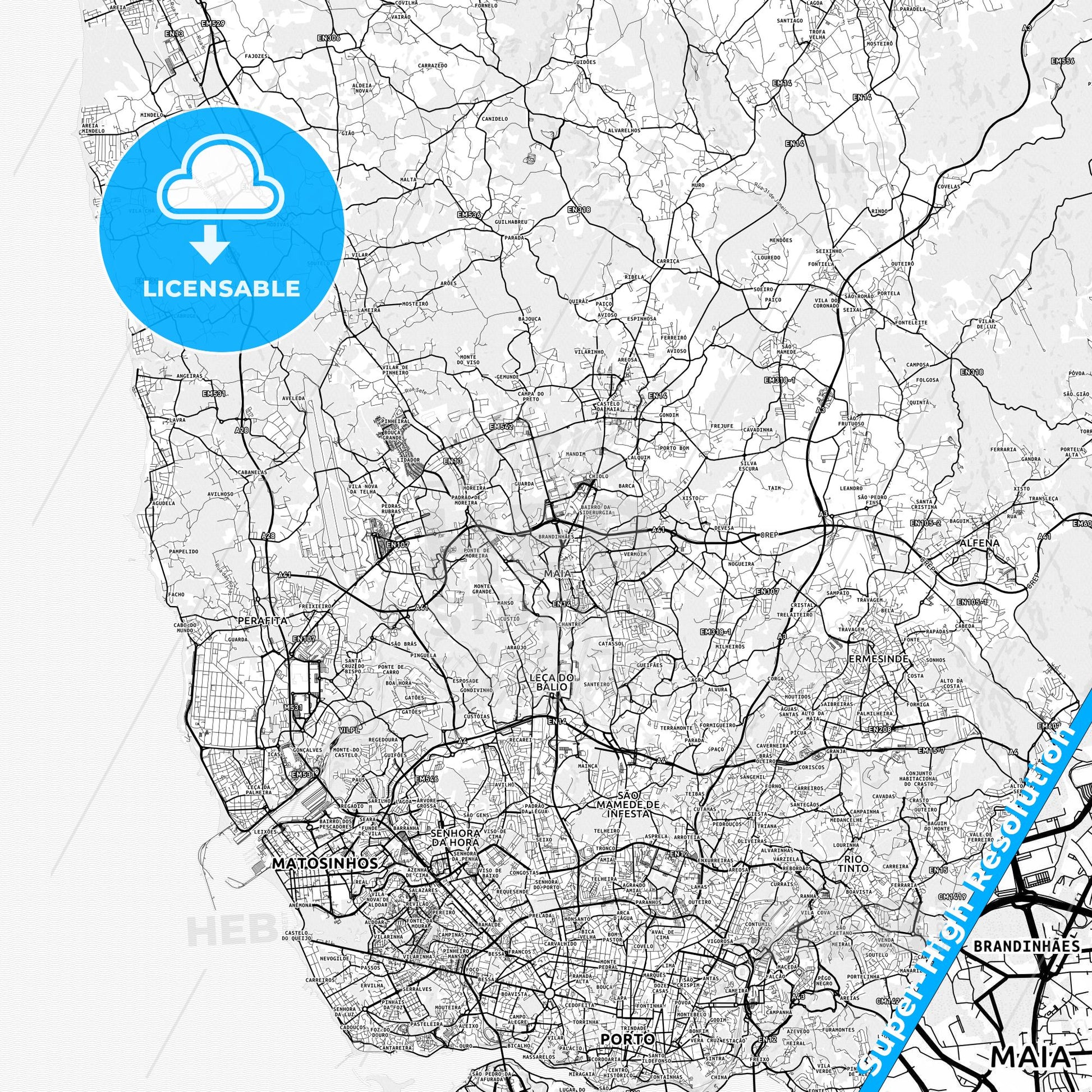 Maia, Portugal light map with streetnames, citynames and districts